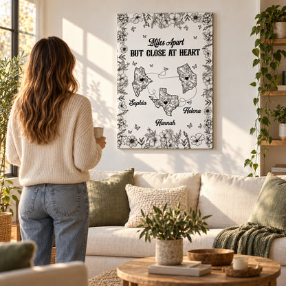Miles Apart But Close At Heart Toile Pattern - Personalized Poster And Canvas Print — Canvas above a sofa with a person for scale