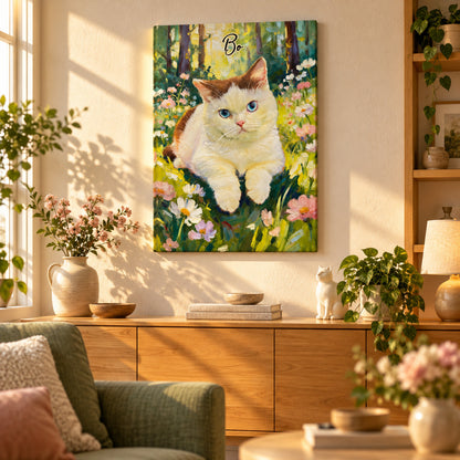 Pet Lover Portrait Art - Personalized Custom Canvas - Gift For Pet Lovers — Frameless canvas above a sunlit sideboard