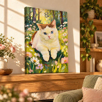 Pet Lover Portrait Art - Personalized Custom Canvas - Gift For Pet Lovers — Frameless canvas leaning on a warm wood mantel