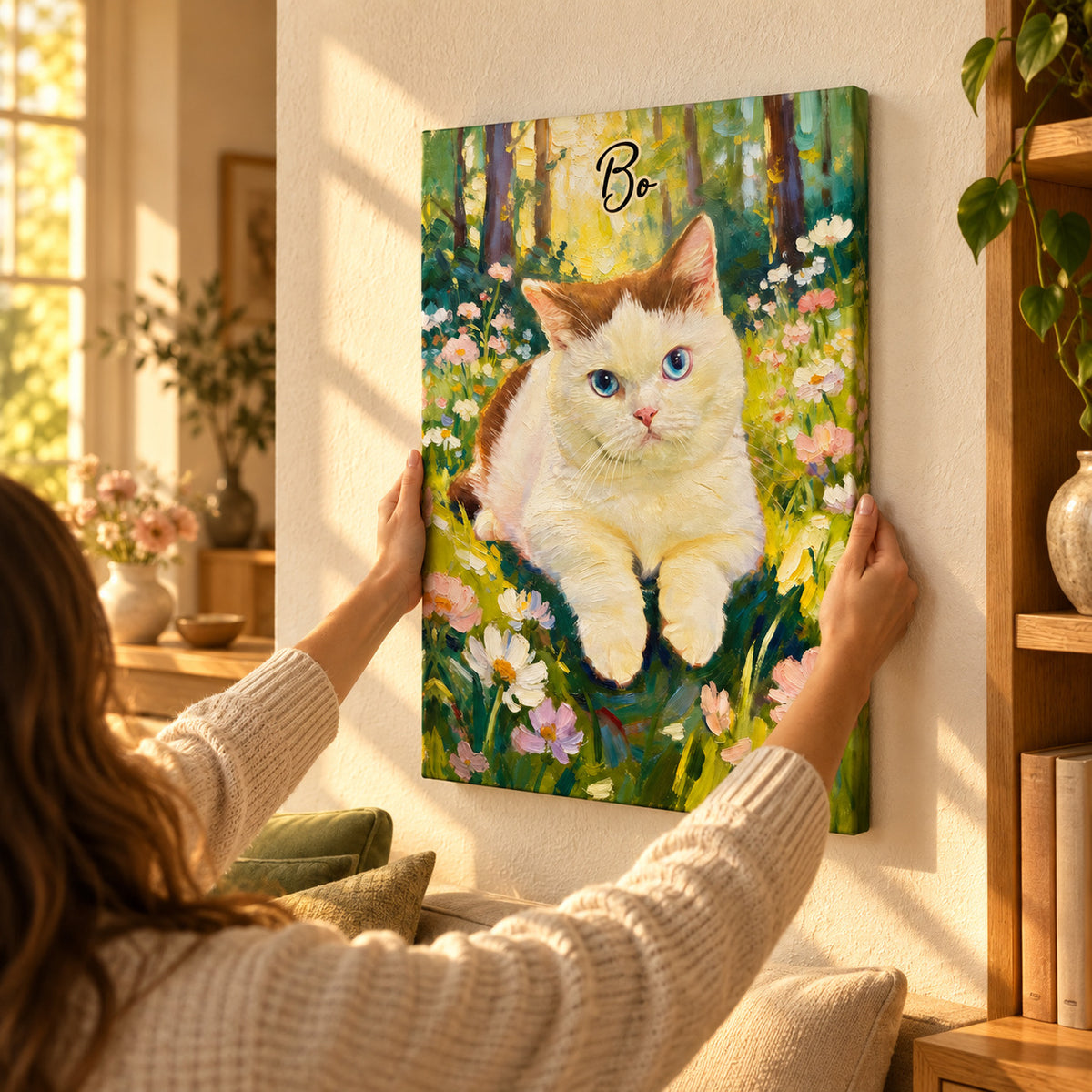 Hands straightening the personalized canvas on the wall