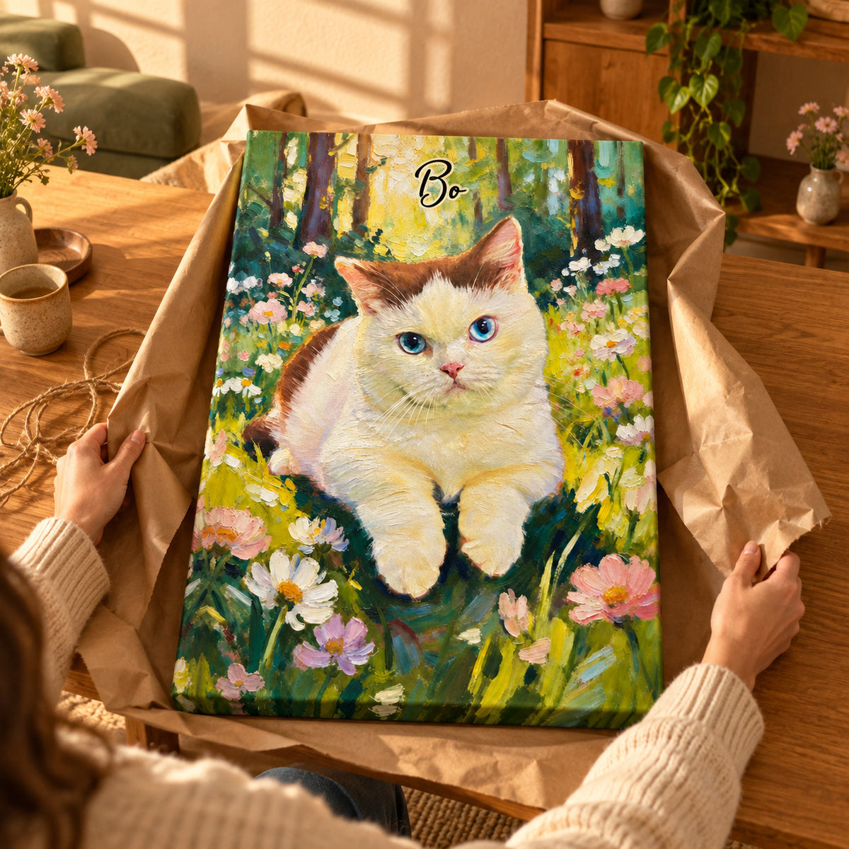 Pet Lover Portrait Art - Personalized Custom Canvas - Gift For Pet Lovers — Hands unwrapping the canvas from kraft paper