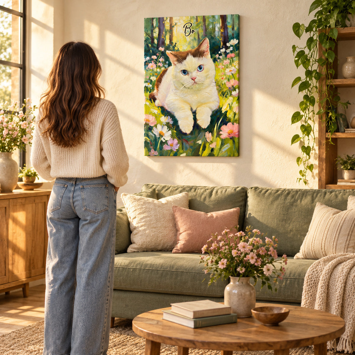 Pet Lover Portrait Art - Personalized Custom Canvas - Gift For Pet Lovers — Canvas above a sofa with a person for scale