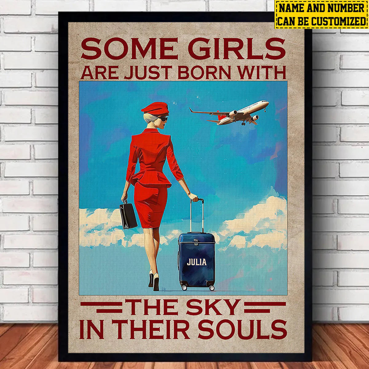 Personalized flight attendant poster with custom name suitcase print for stewardess gift