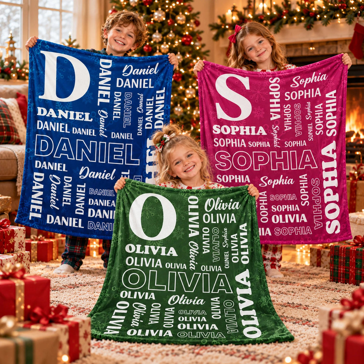 Custom Name Collage Fleece Blanket - Personalized Kids Throw Blanket Gift for Boys & Girls