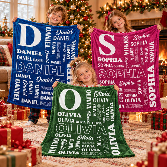 Custom Name Collage Fleece Blanket - Personalized Kids Throw Blanket Gift for Boys & Girls
