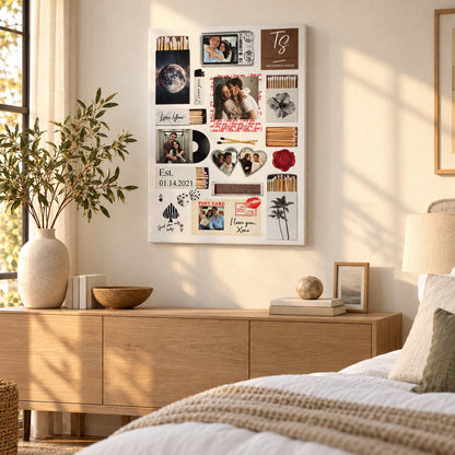 Hands straightening the personalized canvas on the wall