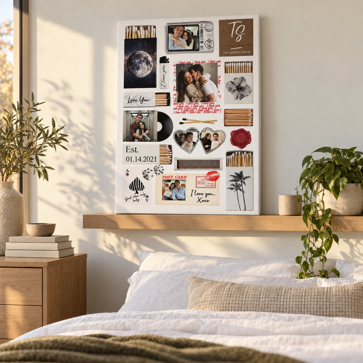 Hands straightening the personalized canvas on the wall