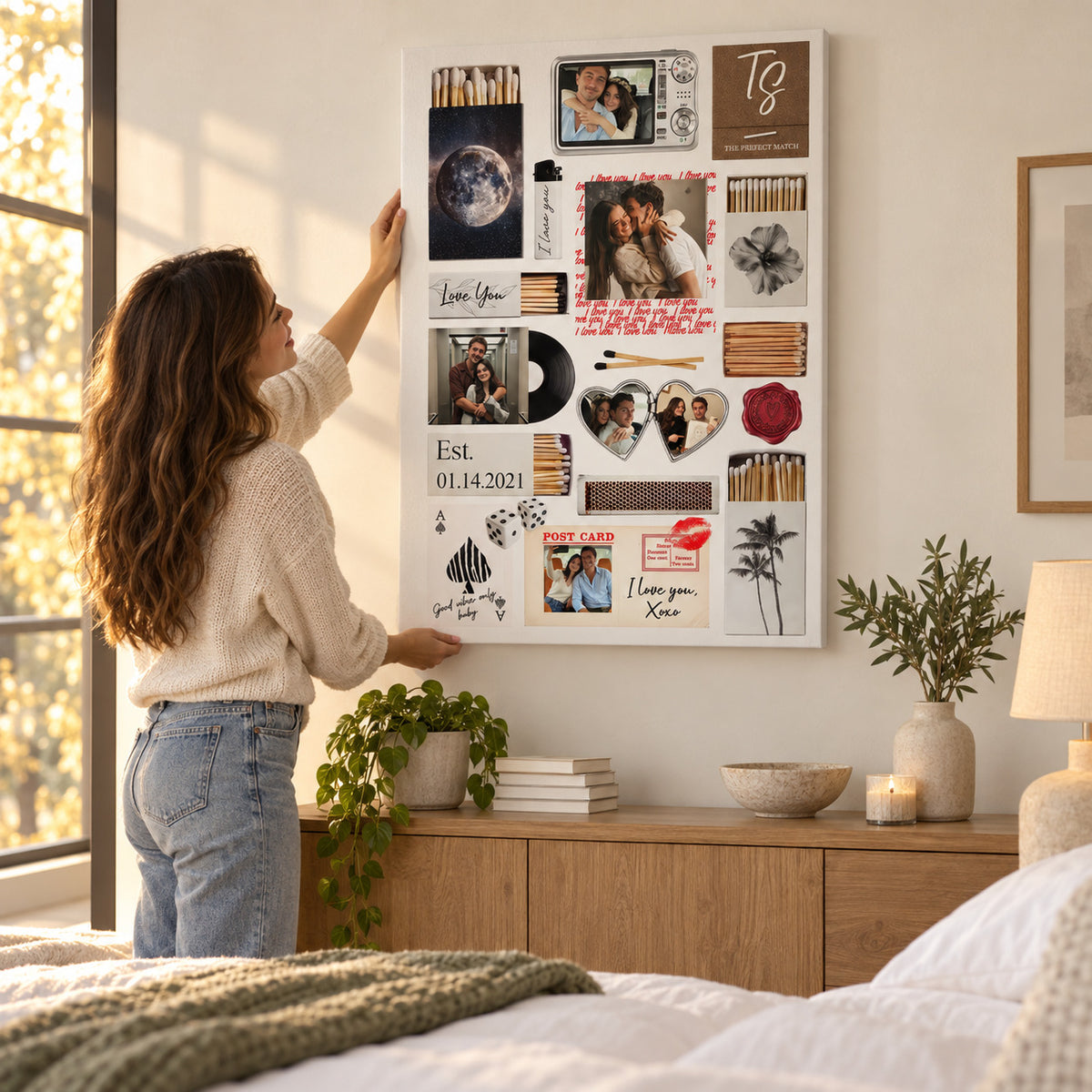 Hands straightening the personalized canvas on the wall