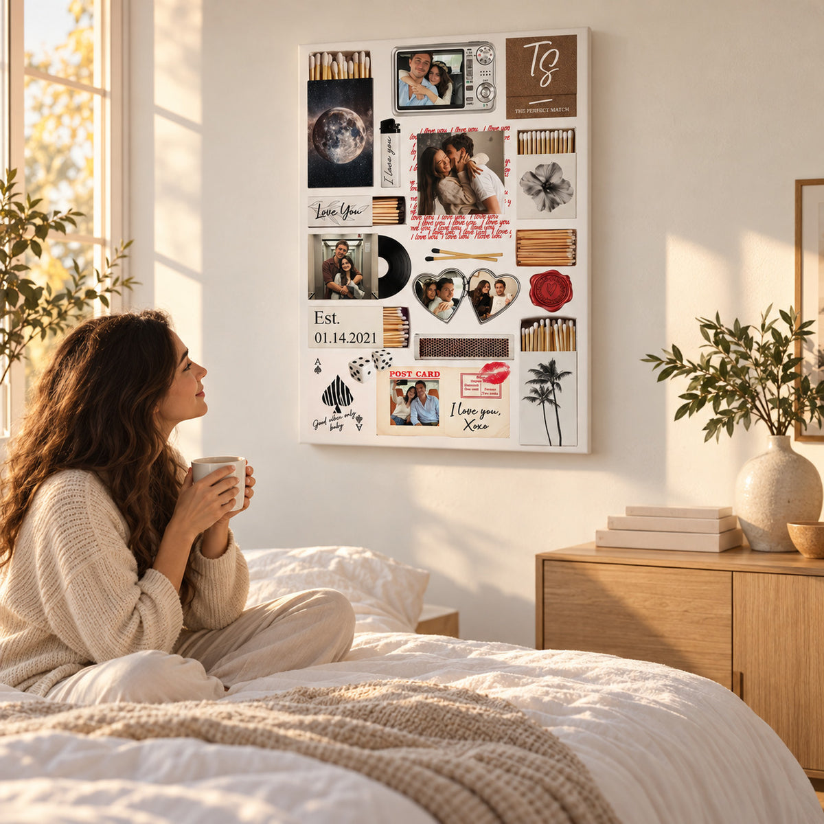 Hands straightening the personalized canvas on the wall