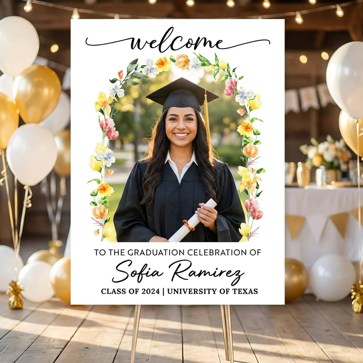 Custom Flower Welcome Sign - Custom Photo Grad Party Sign - Personalized Graduation Decoration