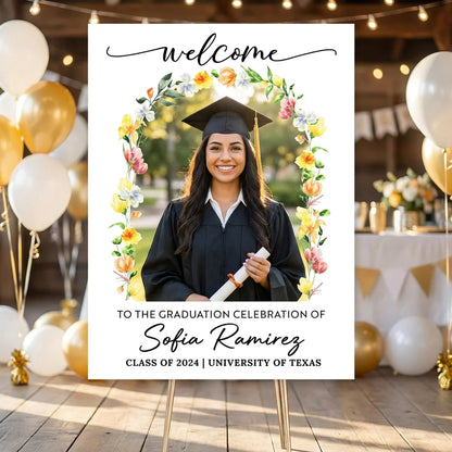 Custom Flower Welcome Sign - Custom Photo Grad Party Sign - Personalized Graduation Decoration