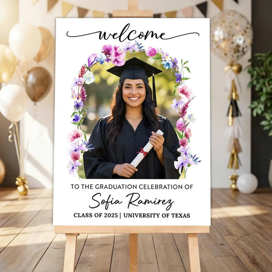 Custom Flower Welcome Sign - Custom Photo Grad Party Sign - Personalized Graduation Decoration