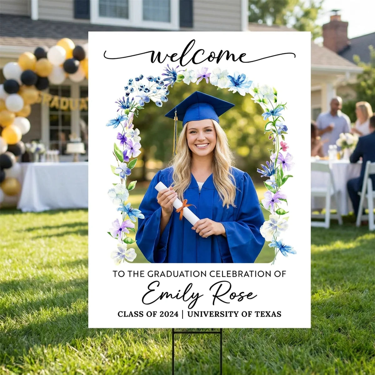 Custom Flower Welcome Sign - Custom Photo Grad Party Sign - Personalized Graduation Decoration