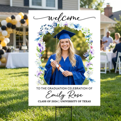 Custom Flower Welcome Sign - Custom Photo Grad Party Sign - Personalized Graduation Decoration