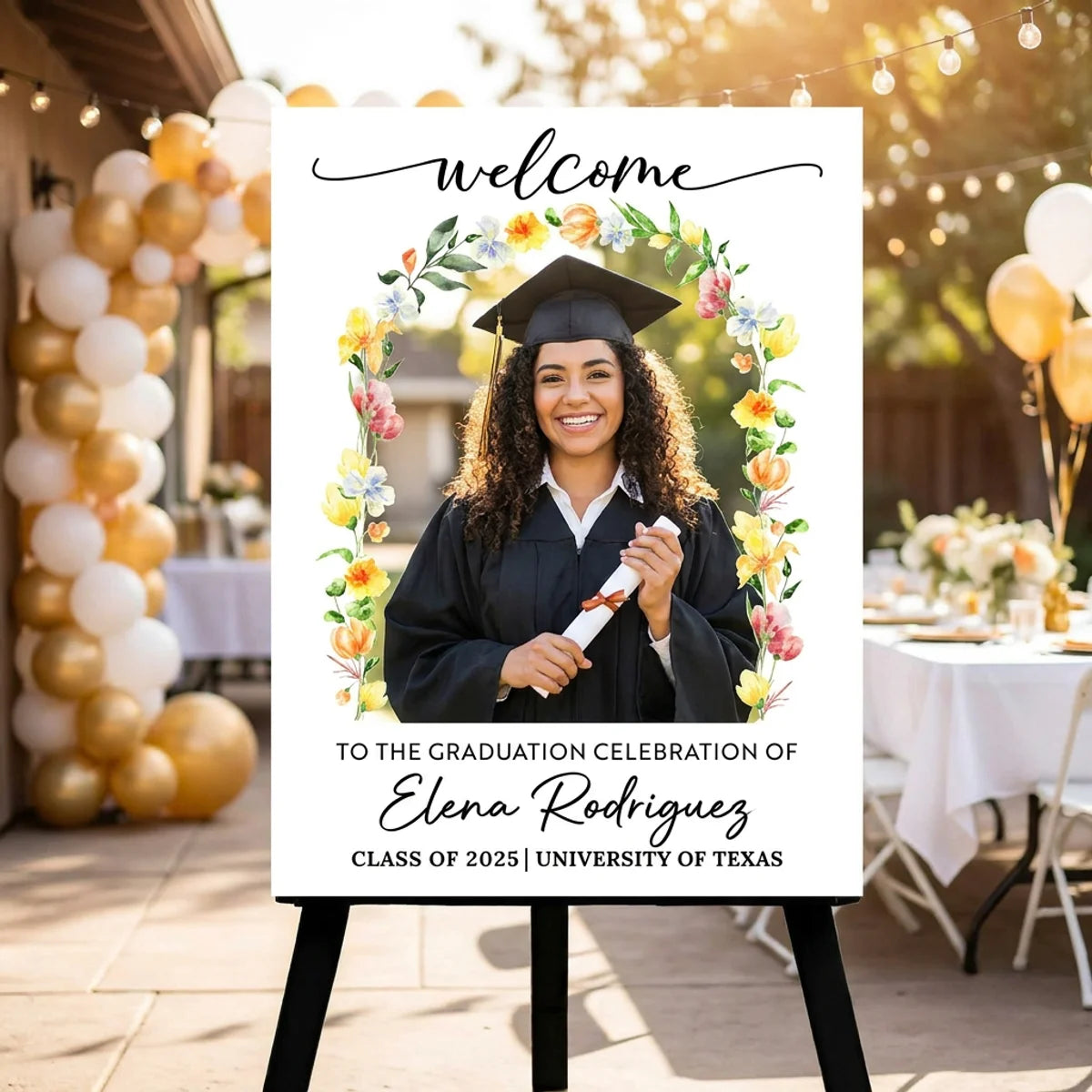 Custom Flower Welcome Sign - Custom Photo Grad Party Sign - Personalized Graduation Decoration