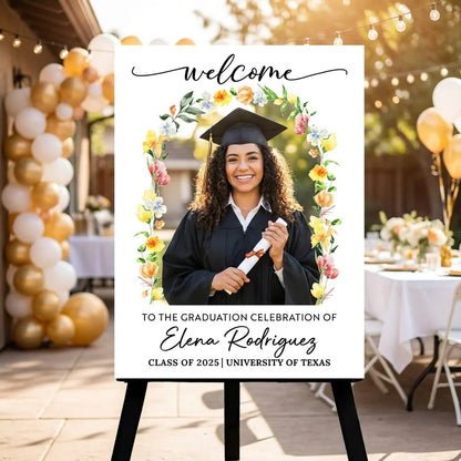 Custom Flower Welcome Sign - Custom Photo Grad Party Sign - Personalized Graduation Decoration