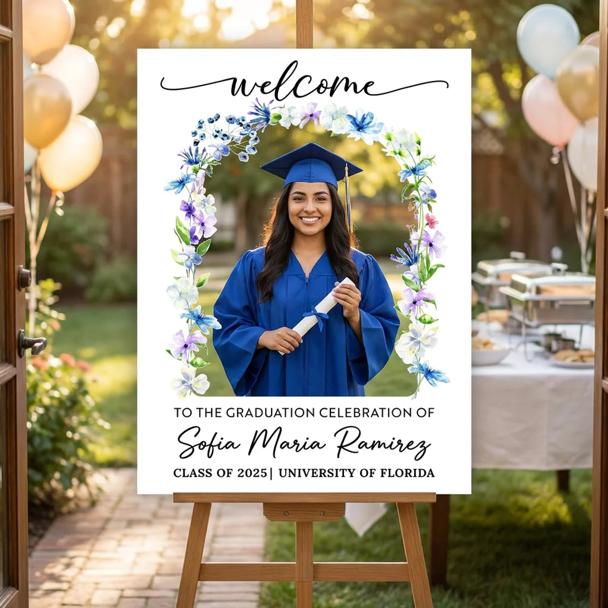 Custom Flower Welcome Sign - Custom Photo Grad Party Sign - Personalized Graduation Decoration