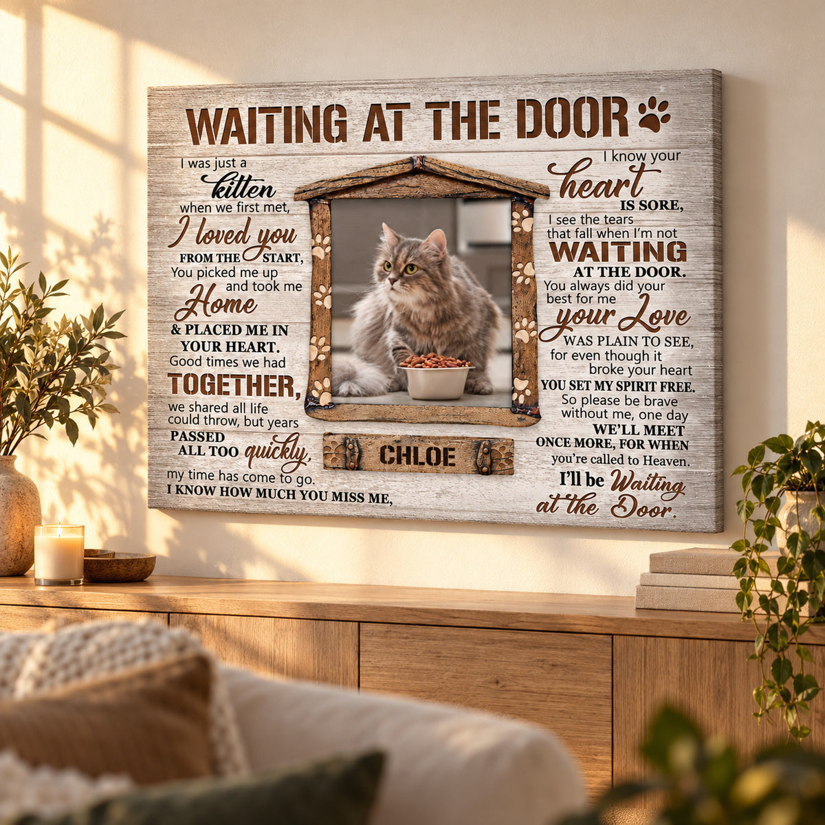 Waiting at the Door – Cat Memorial Gift – Personalized Canvas / Poster — Frameless canvas above a sunlit sideboard
