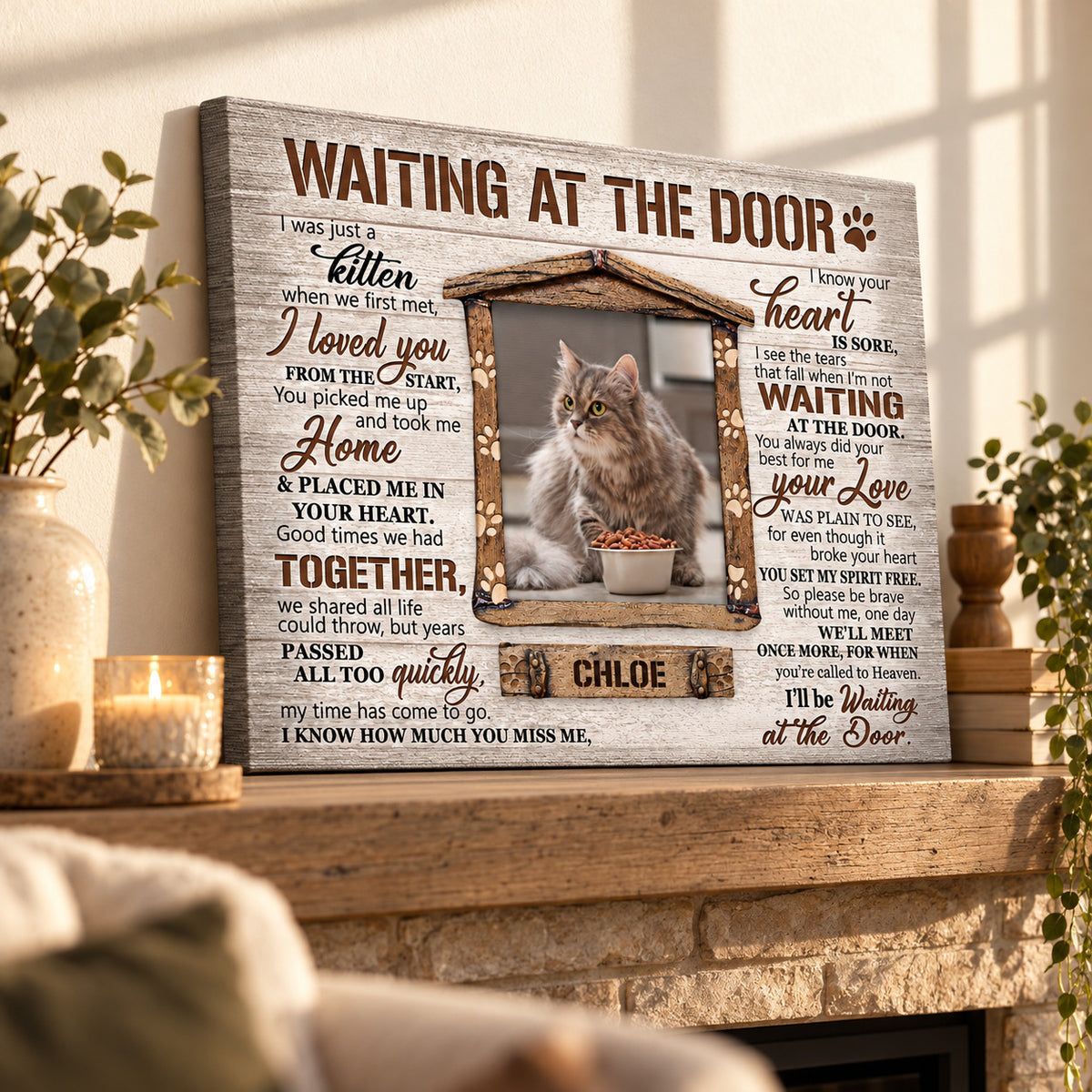 Waiting at the Door – Cat Memorial Gift – Personalized Canvas / Poster — Frameless canvas leaning on a warm wood mantel