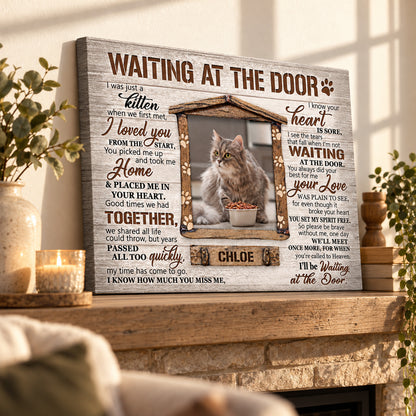 Waiting at the Door – Cat Memorial Gift – Personalized Canvas / Poster — Frameless canvas leaning on a warm wood mantel