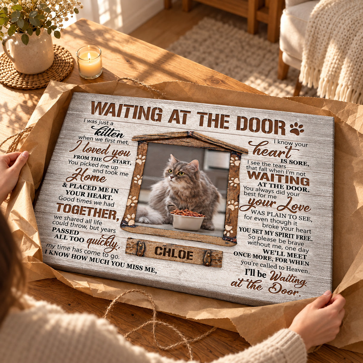 Waiting at the Door – Cat Memorial Gift – Personalized Canvas / Poster — Hands unwrapping the canvas from kraft paper