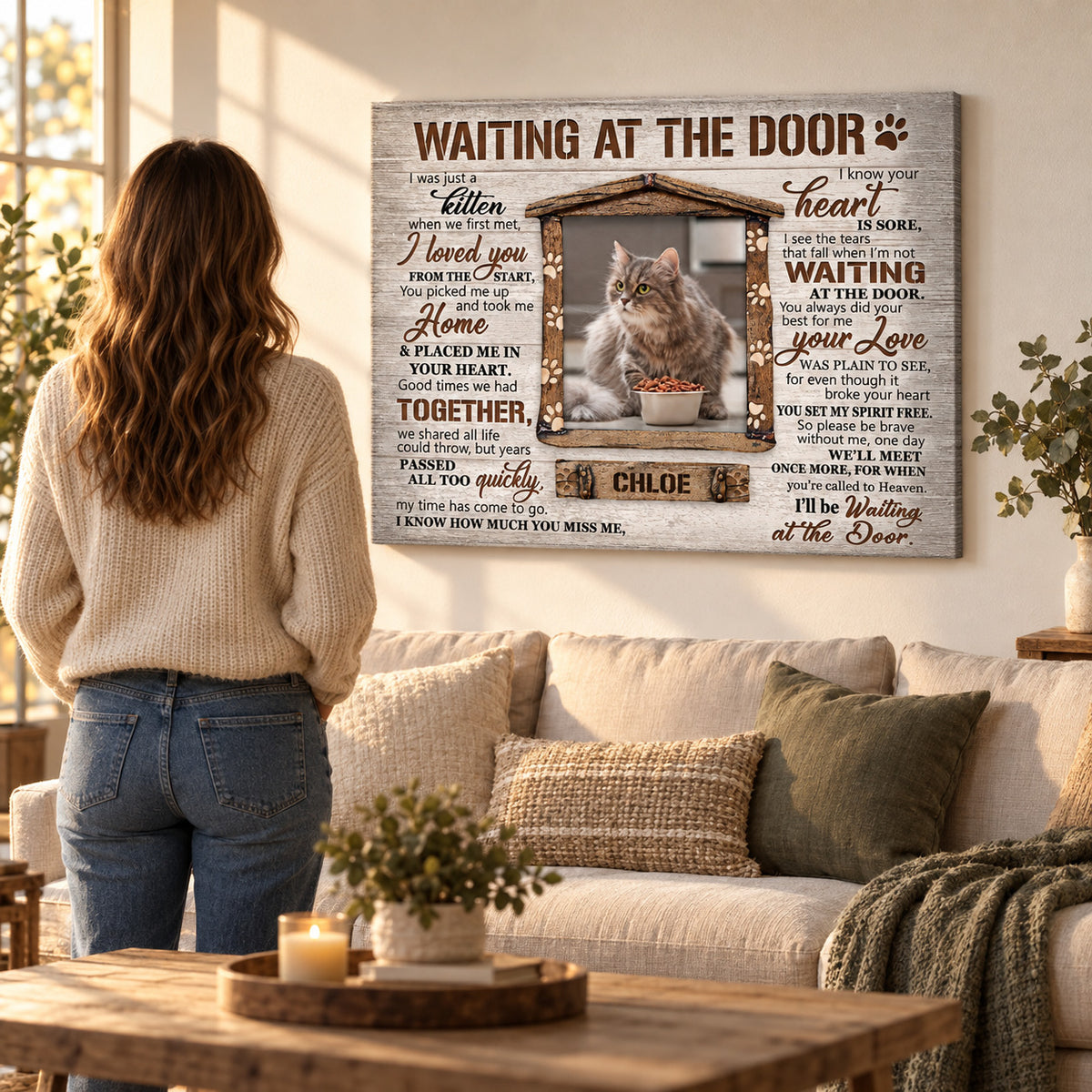 Waiting at the Door – Cat Memorial Gift – Personalized Canvas / Poster — Canvas above a sofa with a person for scale