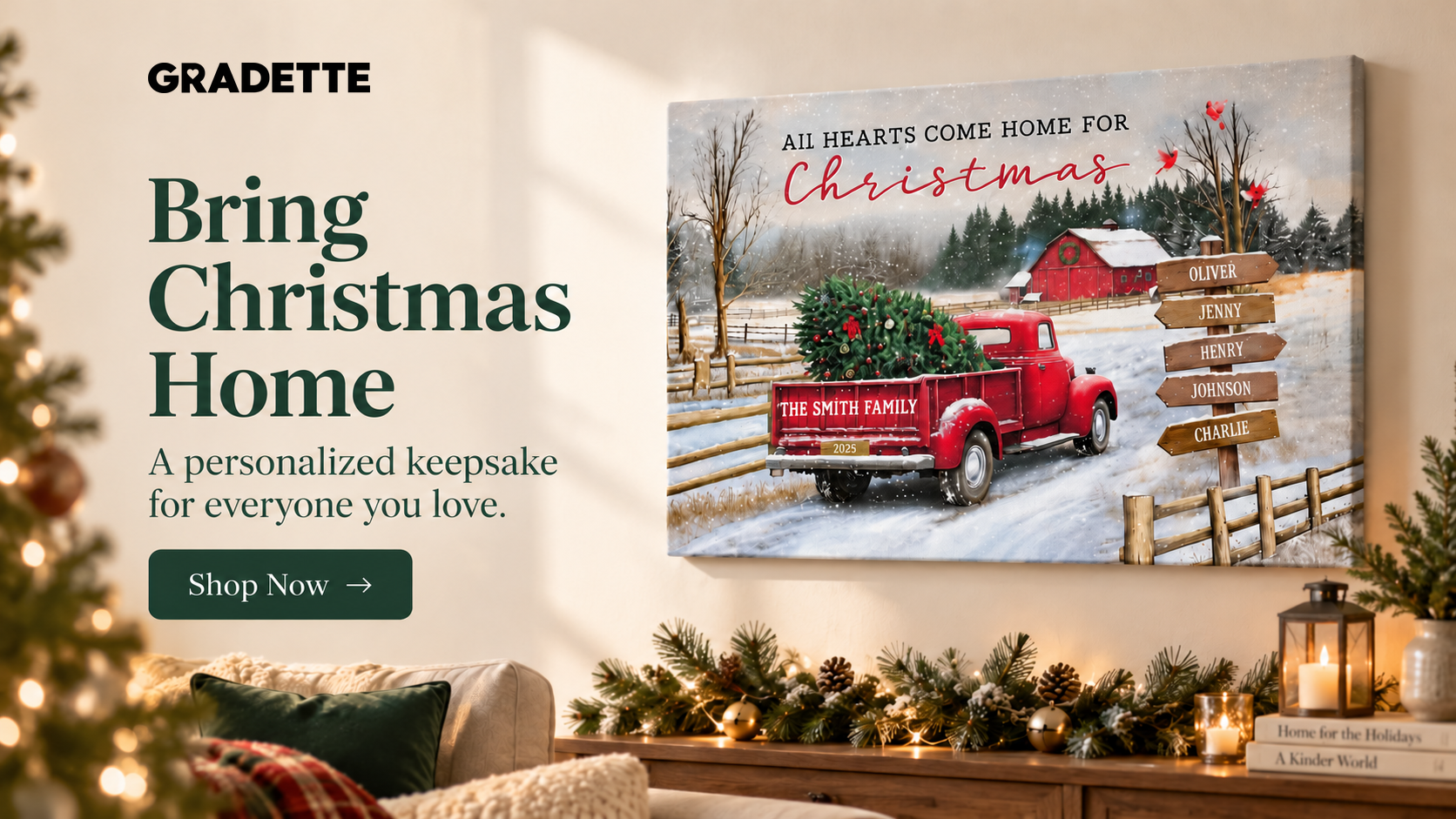 Bring Christmas Home — personalized red truck Christmas canvas